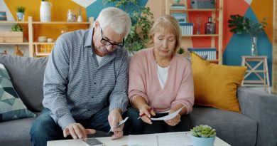 Elderly couple reviewing documents at home