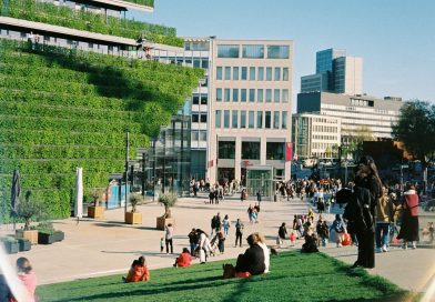 a group of people outside a building
